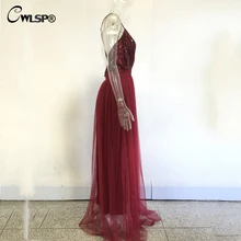 CWLSP Elegant Evening Party Long Dress Womens Off Shoulder Backless Tulle Maxi Dress Lady Sequined Deep V-neck Vestido QZ1951