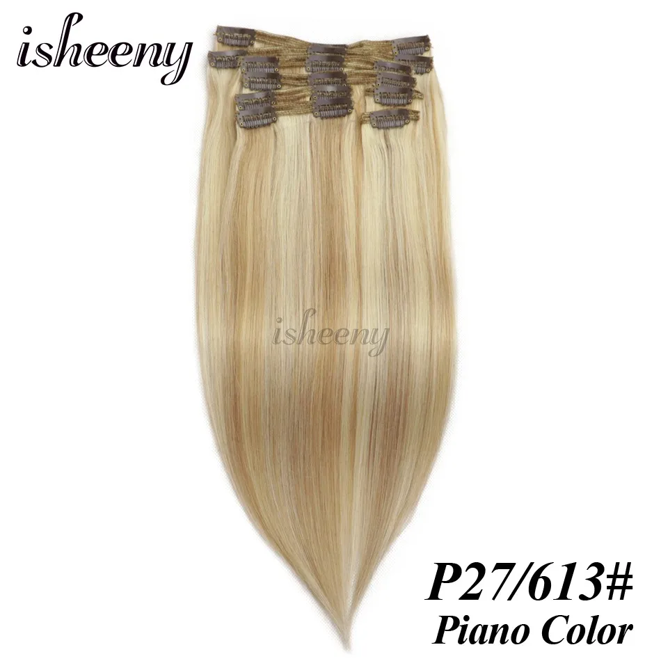 Isheeny, человеческие волосы Remy на заколках для наращивания, рояль, блонд, 4#27#, двойной уток, бразильские волосы на заколках, набор на всю голову - Цвет: P27-613