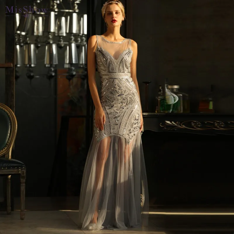 

Women Vintage 1920s Flapper Charleston Great Gatsby Dress O Neck Sleeveless Sheath Long Party Dress