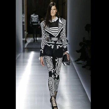 

2019 Good Quality Elegant Two 2 Pieces Set Sexy Bandage coat and pants Autumn Patchwork Geometric Celebrity Vestidos Festa