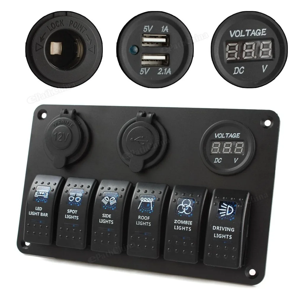 

New 6 Gang LED Rocker Switch Panel Circuit Breakers Charger 12V 24V for Boat Marine