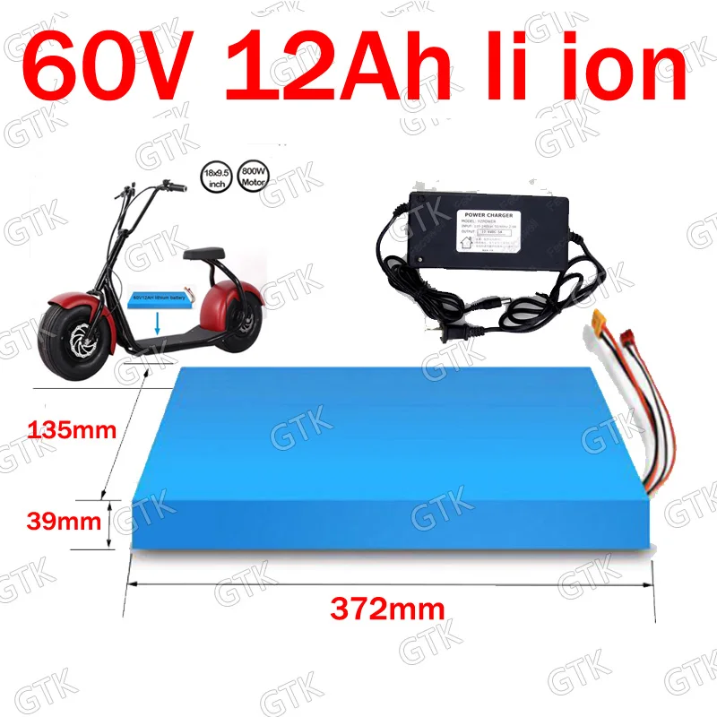 

GTK 60V 12Ah Lithium-ion Battery 18650 BMS for two Wheel Foldable citycoco scooter 350w 750w motor Replacement + 2A charger