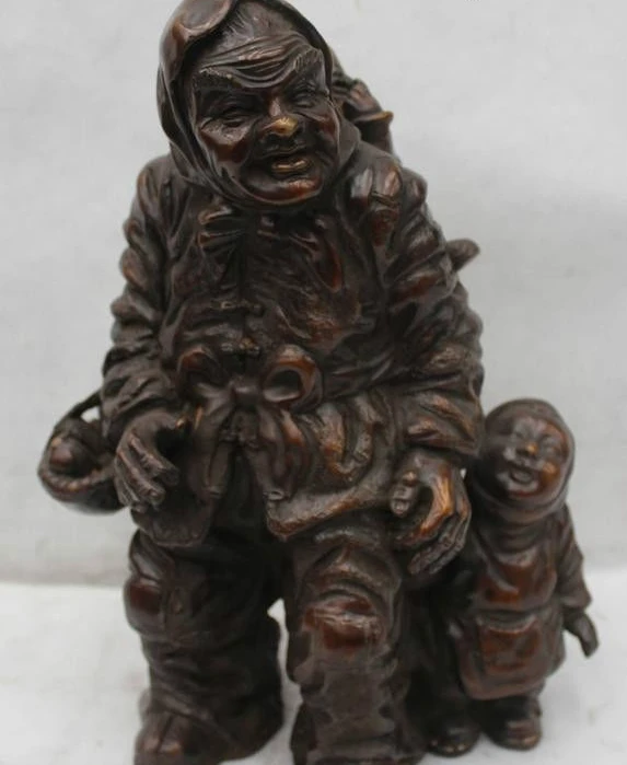 

12"Chinese Folk Bronze country village woman grandma And Grandson Statue