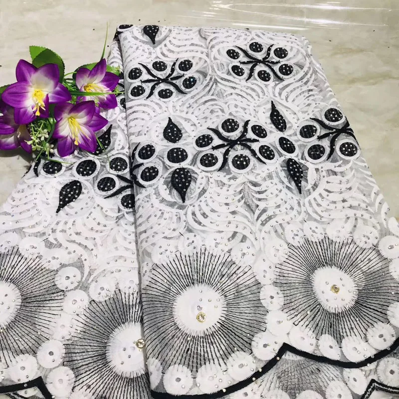 

(5yards/pc) black white embroidered African tulle lace fabric latest French net lace fabric with stones for party dress FLV79