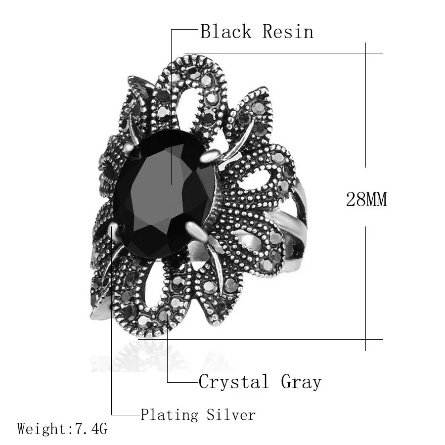 Богемное кольцо в стиле панк, готика, женские кольца с мозаикой из черного камня и кристаллами, серебряные полые цветочные аксессуары, винтажные тибетские ювелирные изделия