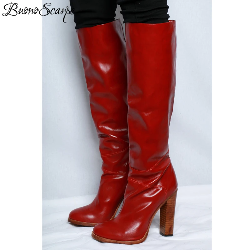 

BuonoScarpe 2019 Platform Red Cow Leather Knee High Boots Women Round Toe High Heel Boots Lady Sexy Long Botas Mujer High Heels