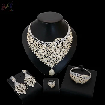 

YULAILI 2018 Luxury 2 Tone Women Wedding Bridal Heart&Arrow Cubic Zirconia Necklace Dress Jewelry Set