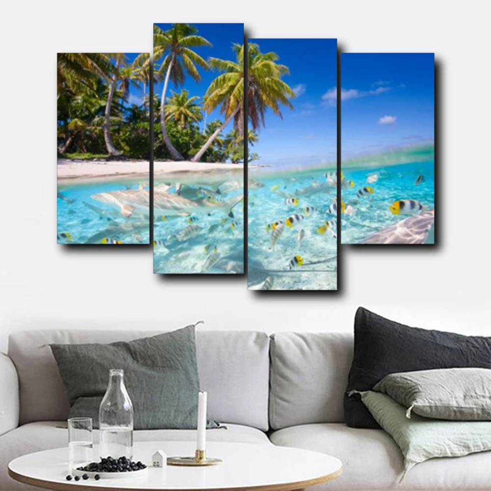 

Laeacco Tropical Palm Tree Wall Art Outside Posters and Prints 4 Panel Canvas Calligraphy Painting Nordic Home Living Room Decor