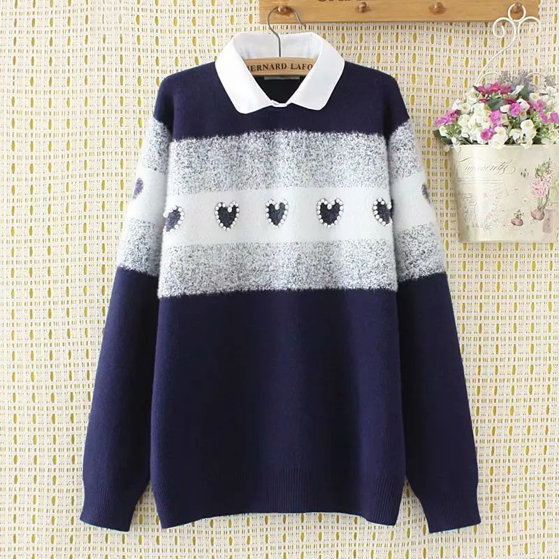Pearls Knitted Sweater Women Turn-down Collar Pullovers Loose Casual Plus Size Sweater Blue Pink KKFY2948 Pearls Knitted Sweater Women Turn-down Collar Pullovers Loose Casual Plus Size Sweater Blue Pink KKFY2948