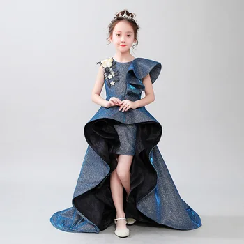 

Luxury Princess Dress Long Trailing Flower Girl Dresses for Wedding Lace Up Embroidery Girls Formal Dress Birthday Costume B445