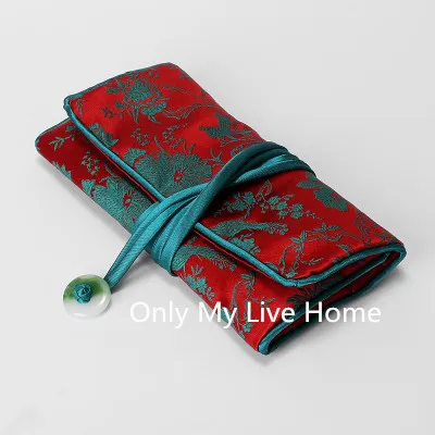 Нефритовая кнопка, дорожная сумка для ювелирных изделий, 3 молнии, складная сумка для хранения, шелковая парча, косметическая упаковка для макияжа, Подарочная сумка, клатч, кошелек - Цвет: red green flower