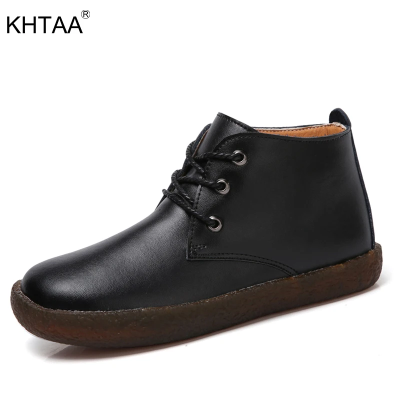 

KHTAA Ladies Lace Up Winter Warm Plush Ankle Snow Boots Female Genuine Leather Flat Solid Platform Black Comfortable Shoes