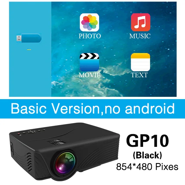 Poner Saund светодиодный GP10 мини-проектор для домашнего кинотеатра опционально Поддержка Android HDMI Full HD 1080P USB SD видео проектор Proyector - Цвет: GP10-Black