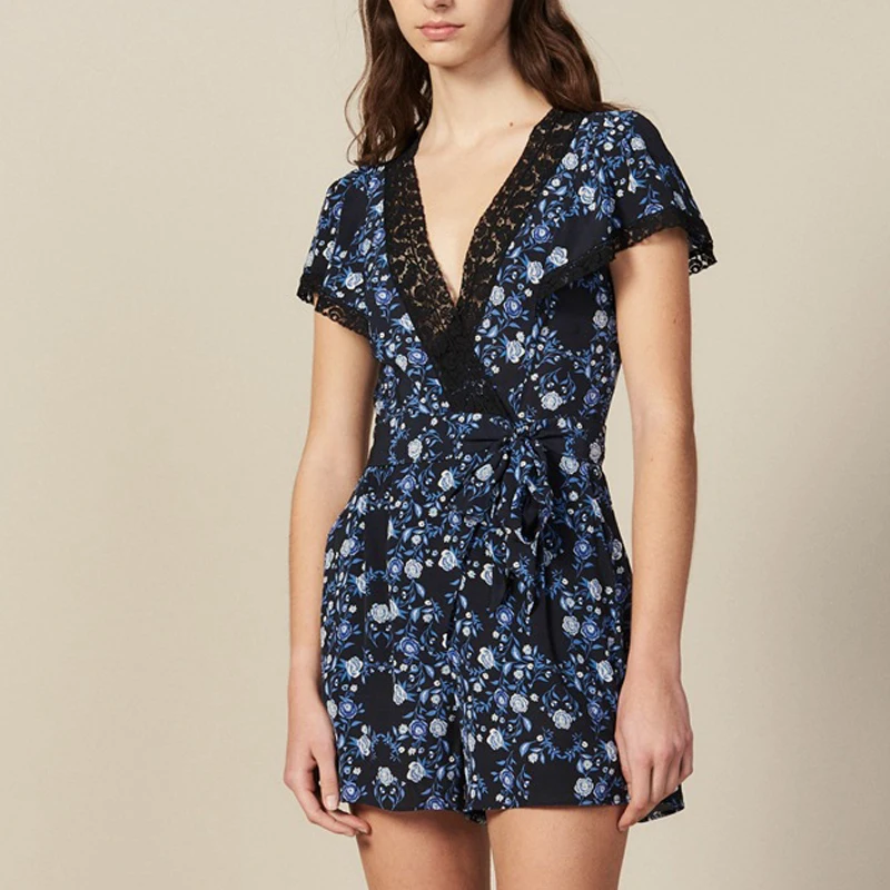 

2019 Spring/summer new lace lace v-neck floral print jumpsuit