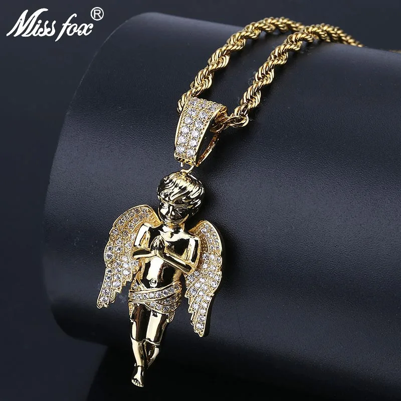 

MISSFOX Hip Hop Hands Together Angel Wings Personalized Necklace 24K Gold Plated High Quality Cubic Zirconia Cyberpunk Jewlery