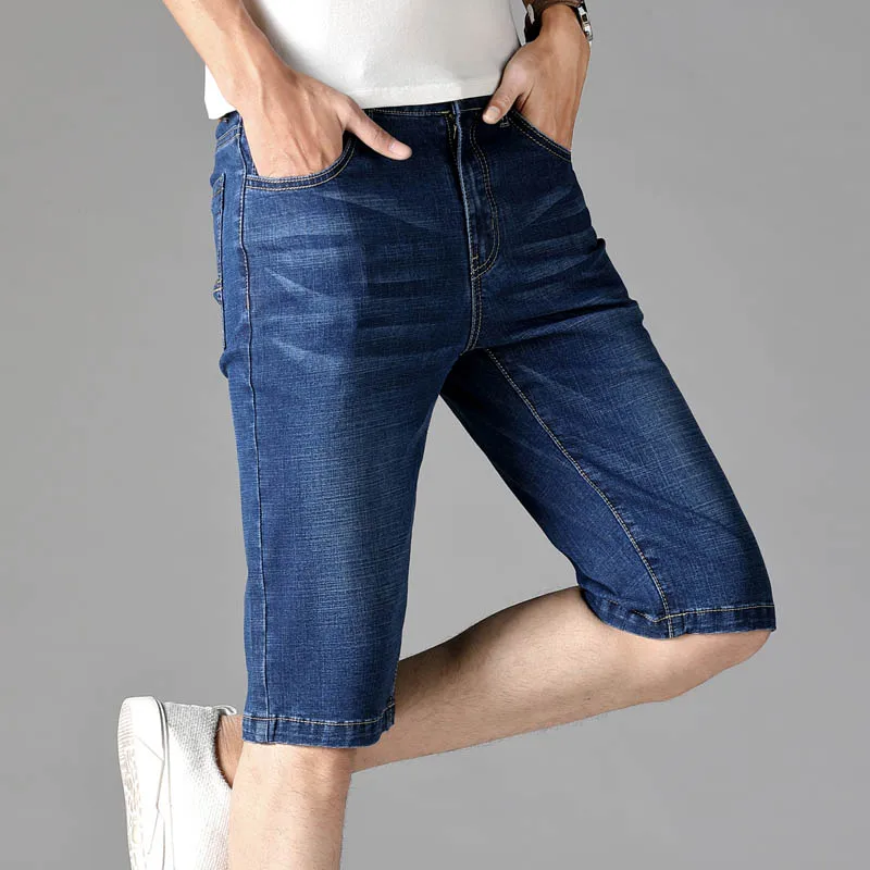 Летние новые повседневные джинсовые шорты мужские прямые хлопковые Брендовые однотонные мужские шорты до колен Синие Большие размеры 44 - Цвет: Синий