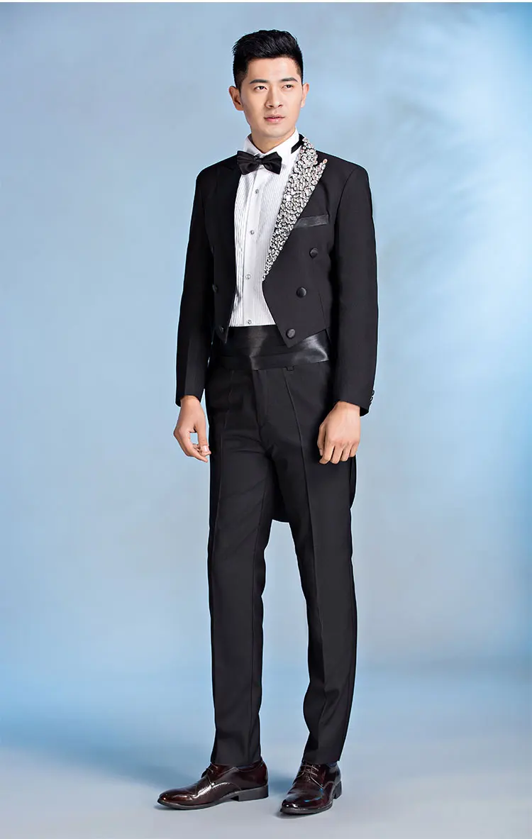 100%real mens black rhinestone beading collar tuxedo