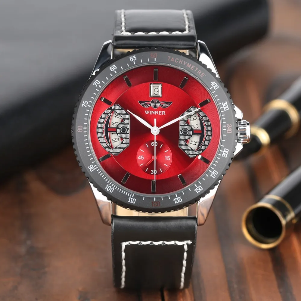

Mechanical Mens Watches Luxury Watches Men Black Leather Band Wristwatches Men Creative Red Dial Mechanical Watch Men Automatic