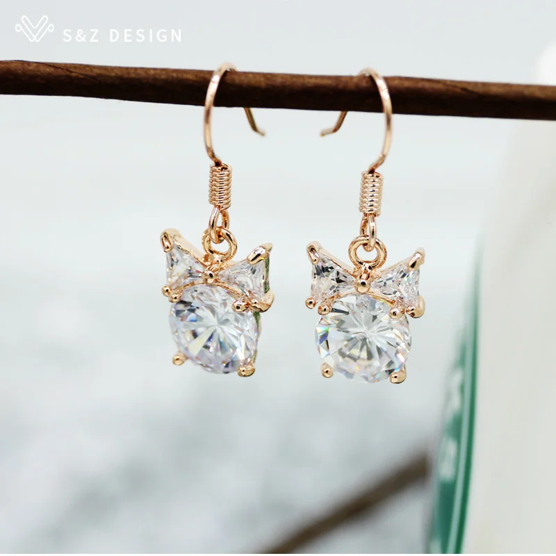 

S&Z 2019 New Hot Bowknot Zircon Earring Hook 585 Rose Gold-color Lovely Sweet Gift For Women European And American Style