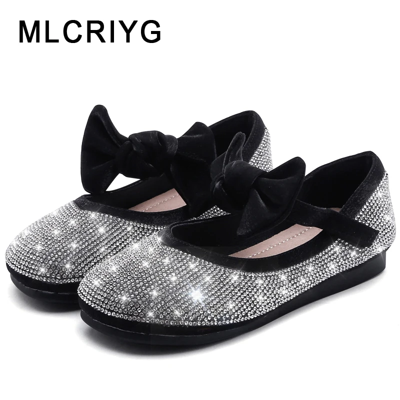 

New 2019 Autumn Kids Bow Shoes Children Pu Leather Shoes Baby Girls Black Princess Flats Rhinestone Shoes Dance Brand Mary Jane