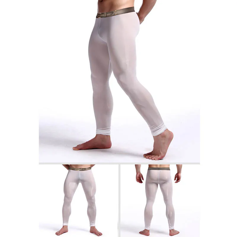 Men's Sexy Warm Ice Silk Stretch Yoga Bodybuilding Leggings NineCent Pants Comfortable U Convex Pouch UltraThin Sleep Bottoms -1