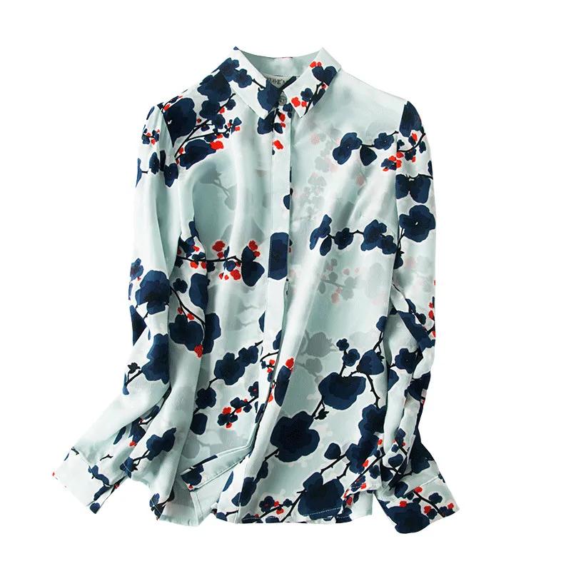 Винтажная Женская шелковая блуза с цветочным принтом, натуральный шелк, топы и блузки, женские элегантные шелковые блузы с длинным рукавом - Цвет: as photo