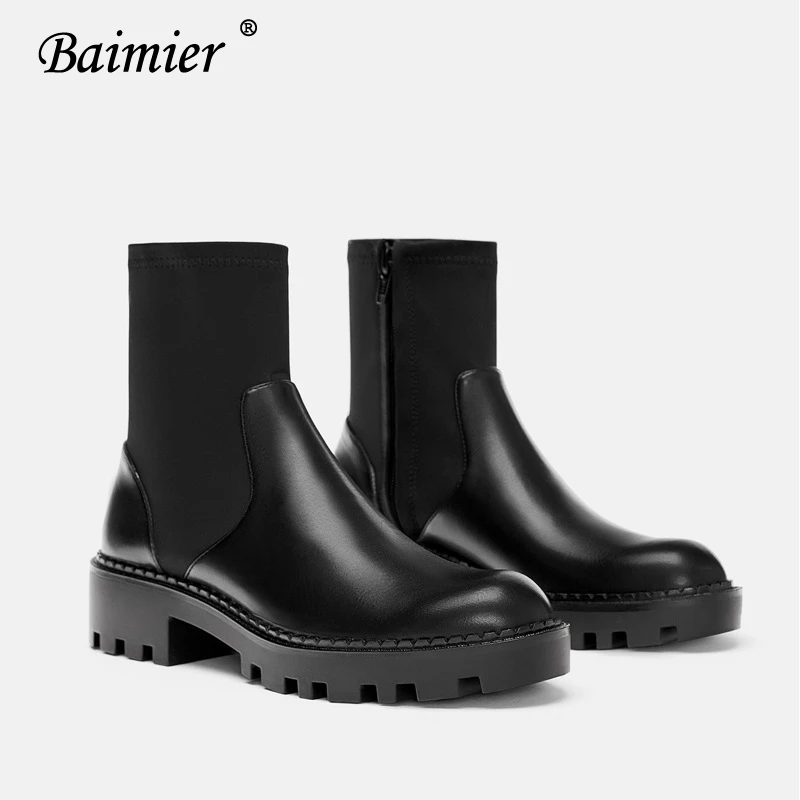 Baimier Black Leather Women Sock Boots Flat Elastic Ankle Boots For Women Toe Med Heel Platform Women Boots|Ankle Boots| - AliExpress