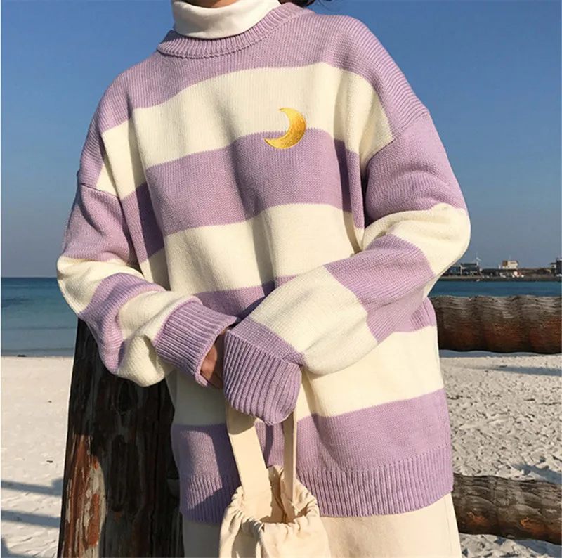Женский свободный свитер Kawaii Ulzzang колледжа ярких цветов в полоску с Луной наборы