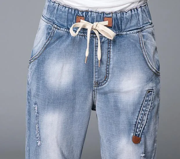 Женские шаровары больших размеров, джинсовые джинсы с дырками и эластичной резинкой на талии, сезон лето-осень-весна, высокая талия из хлопчатобумажной ткани на каждый день dyf0601