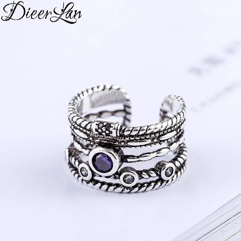 

DIEERLAN Bohemian Vintage 925 Sterling Silver Big Purple Crystal Layered Rings for Women Ladies Statement Jewelry Finger Rings