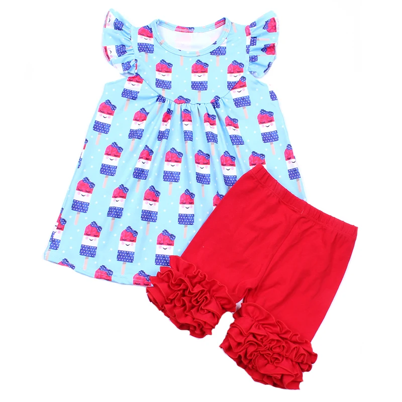 

Flutter sleeve baby clothes set coming July 4th Patriotic day dress ice cream print soft milk silk dresses for girls