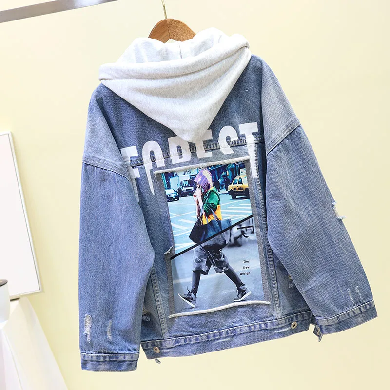 

Spring Hooded Jacket Woman's New Arrival Denim Coat with Cap BF Student Hollow Jeans Jacket Loose Long Sleeve Jackets Outfits