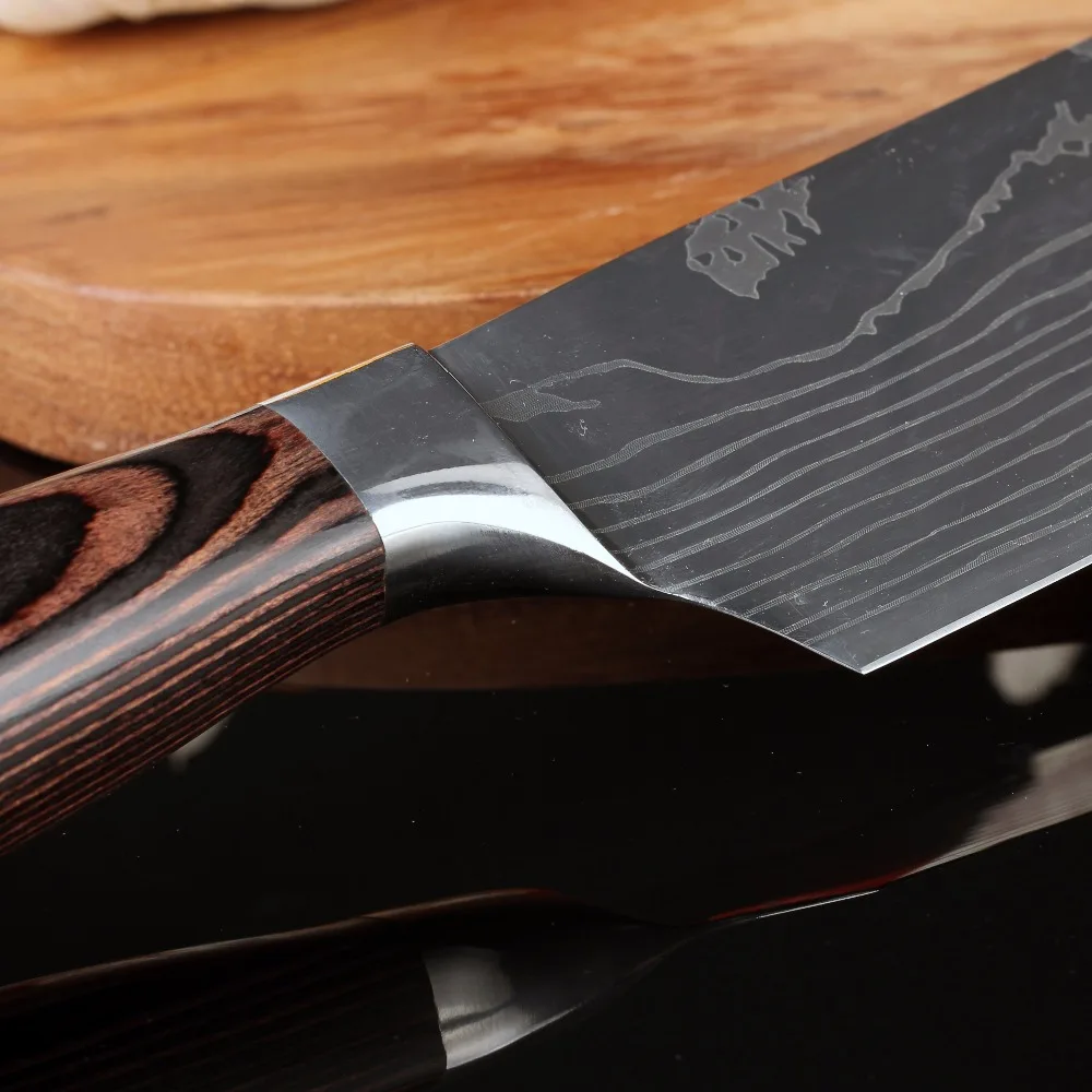 High quality 440C German Steel Kitchen Knife Damascus Laser Pattern Chef  Knife Cleaver Filleting Santoku Knife Best Kitchen Tool