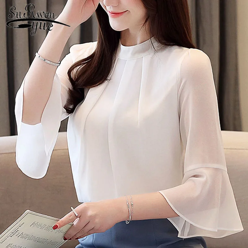 Women blouses women tops blusas 2019  elegante women Half Flare Sleeve shirt chiffon blouse white blouse shirts shirts 3747 50