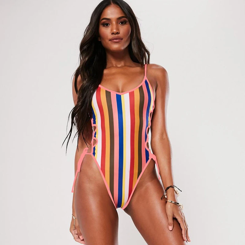 

Sexy Deep V Neck Vertical Stripe Rainbow Bodysuit for Women Cute Girl Rave Festival Backless Lace Up Bodysuits Plus Size