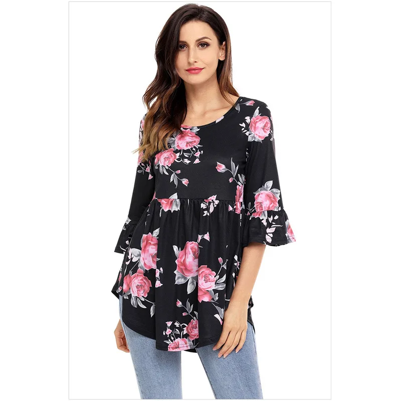 Women's T Shirt O Neck Flared Sleeve Floral T Shirt|T-Shirts| - AliExpress