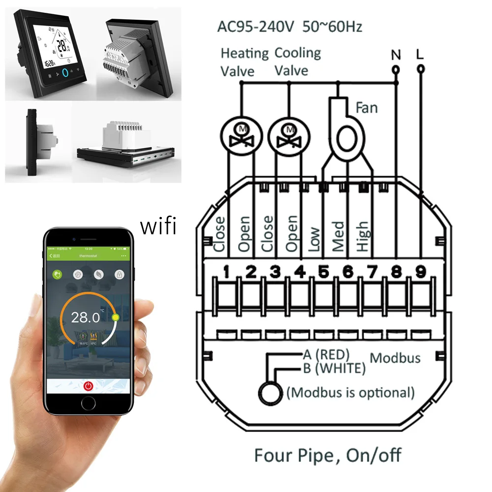 Tuya alexa ECHO программируемый Wi-Fi центральный термостат кондиционера регулятор температуры 2 трубы 4 трубы 3 скорости Вентилятор катушка блок - Цвет: BLACK 4P AND WIFI