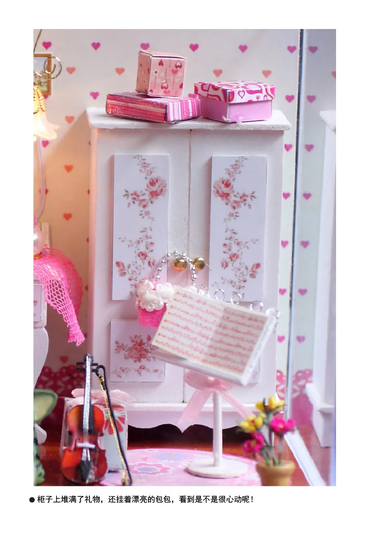 Деревянный DIY креативный Кукольный дом Светодиодная лампа розовый ручной работы ремесло украшение дома Семья головоломка подарок спальня скрипка принцесса комната Игрушка