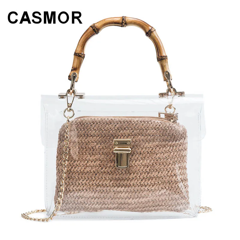 

CASMOR Designer Woven Women Handbag 2019 Brand Summer Bohemia Clear Transparent Beach Bag Bamboo Handle Shoulder Crossbody Bags