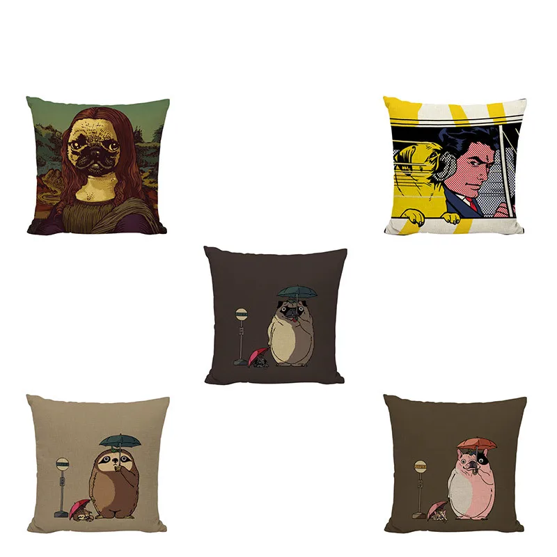 

Classical Puppy Head Portrait Cushion Cover Naughty Spirit Pug Personality Letter Sun Umbrella Warm Minimalist Home Decoration