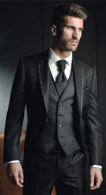 New Style Groomsmen Notch Lapel Groom Tuxedos Shiny Black