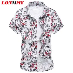 LONMMY M-7XL Для мужчин s Мужская классическая рубашка Короткие рукава с принтом листьев брендовая одежда Slim fit camisa социальной футболка с
