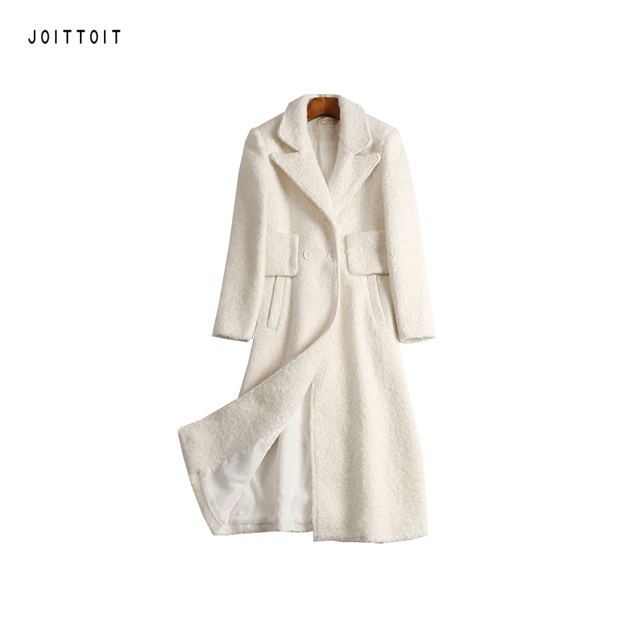 Women Autumn Winter Long Wool Coat Office Ladies Double Breasted White