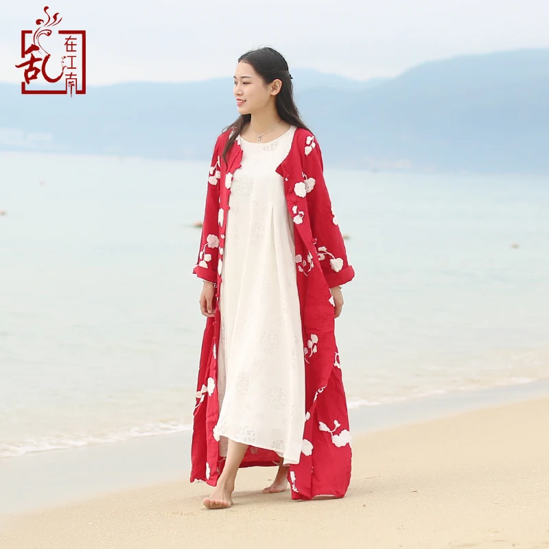 

Hisenky 2019 Vintage Women Long Jacket Cotton Windbreaker Chinese Long Duster Coat Trenchcoat Flocking Embroidery Cardigan