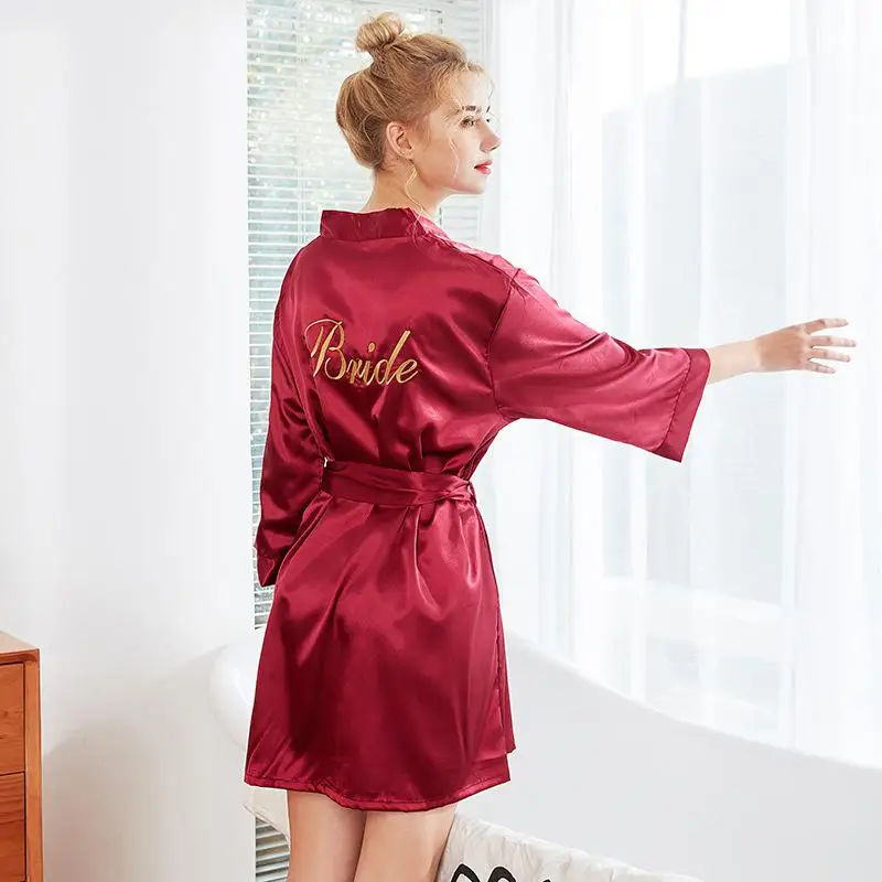 Белый женский летний короткий халат банное платье невесты свадебное кимоно юката Ночная рубашка женские пижамы Ночная рубашка M-XXL - Цвет: Bride - Dark Red