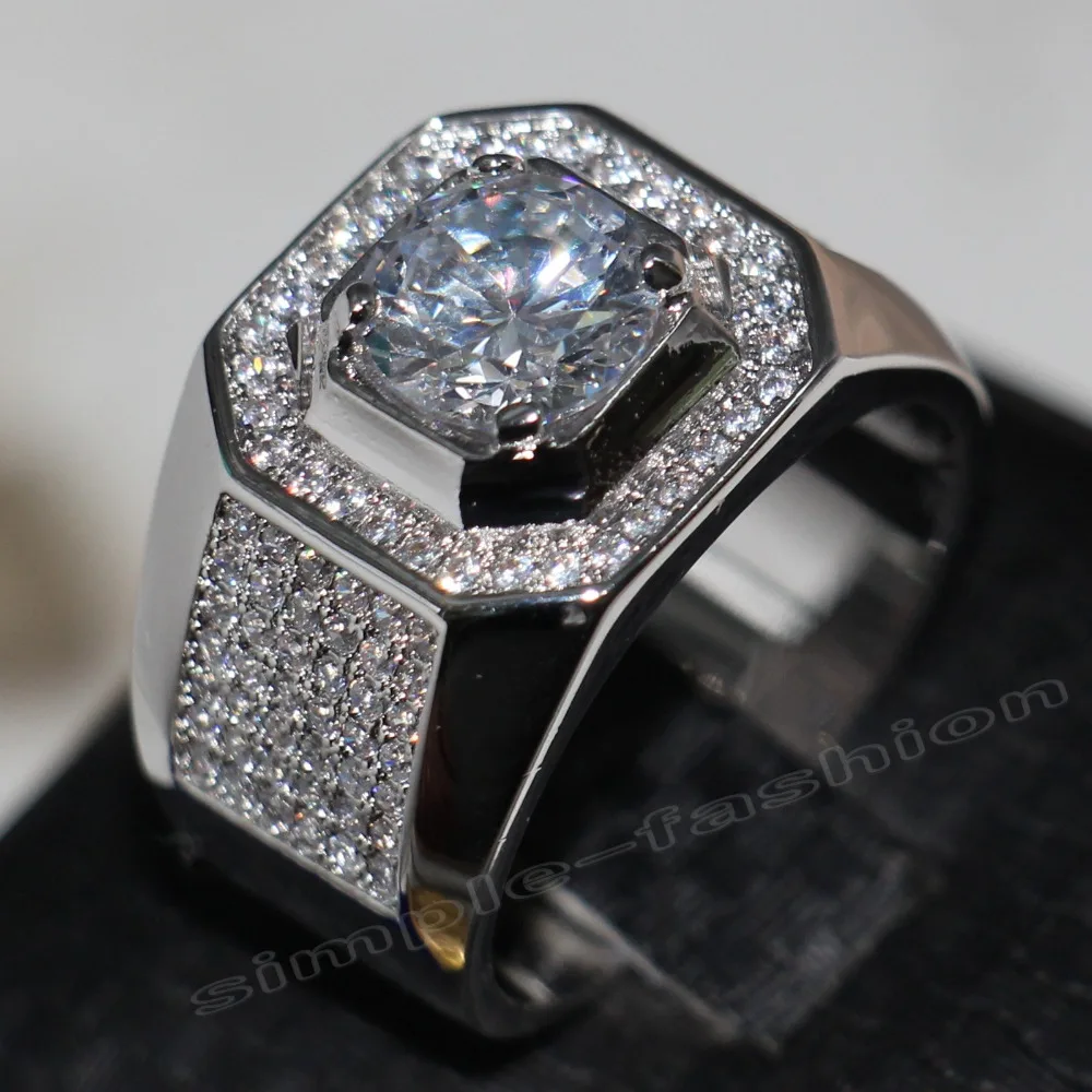 Fashion Jewelry Solitaire Men 8mm Gem 5A Zircon stone 14KT White Gold Filled Engagement Wedding Band