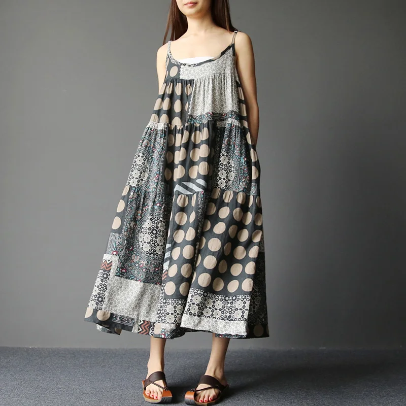 Cotton Linen Bohemian Sleeveless Loose Casual Midi Dress