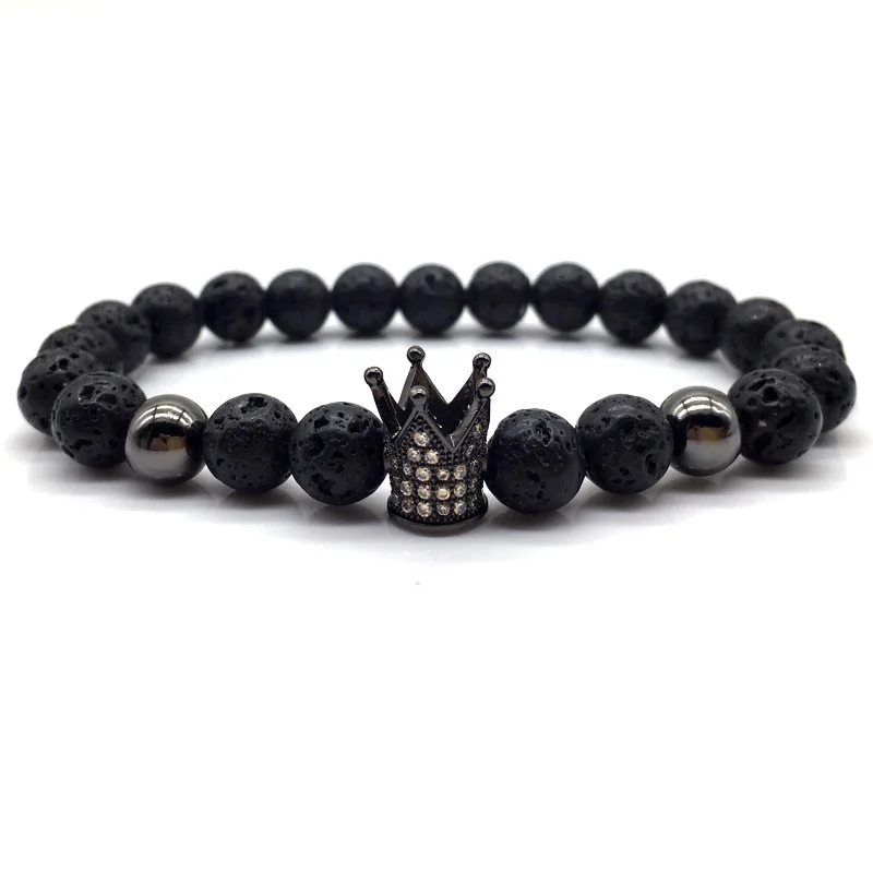 

HOT Fashion King Crown Men Bracelet Pave CZ Charm Black 8mm LAVA Stone Bead Bracelet For Men Women Luxury Jewelry Gift