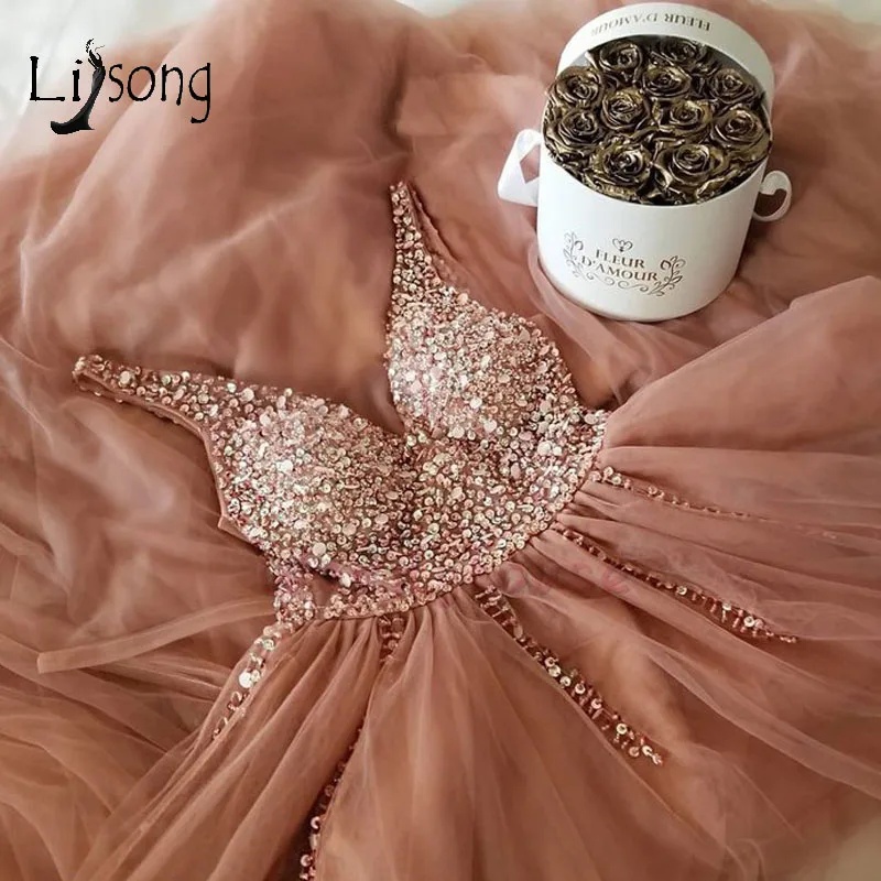 

Pretty Rose Pink Crystal Beaded Evening Dresses Shiny Sequin Long A-line Tutu Prom Gowns 2019 Lace Up Party Dress Abendkleider