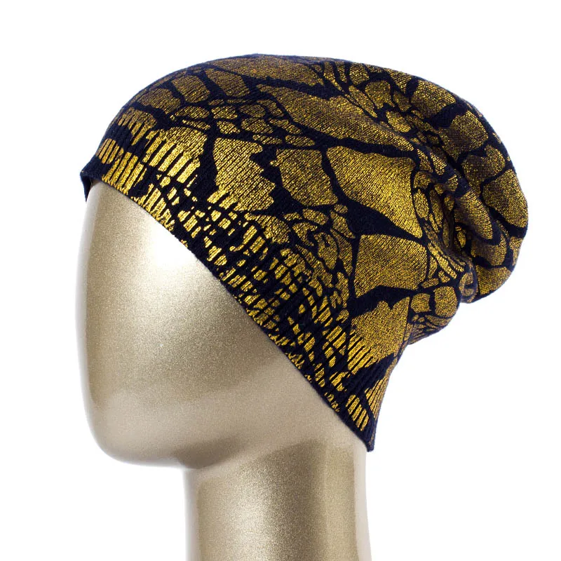 Geebro Для женщин Bronzing вязать кашемировая шапочка Весенняя Однослойная Повседневное мешковатые шапки-боб для Для женщин металлик Цвет череп Кепки - Цвет: Navy Gold